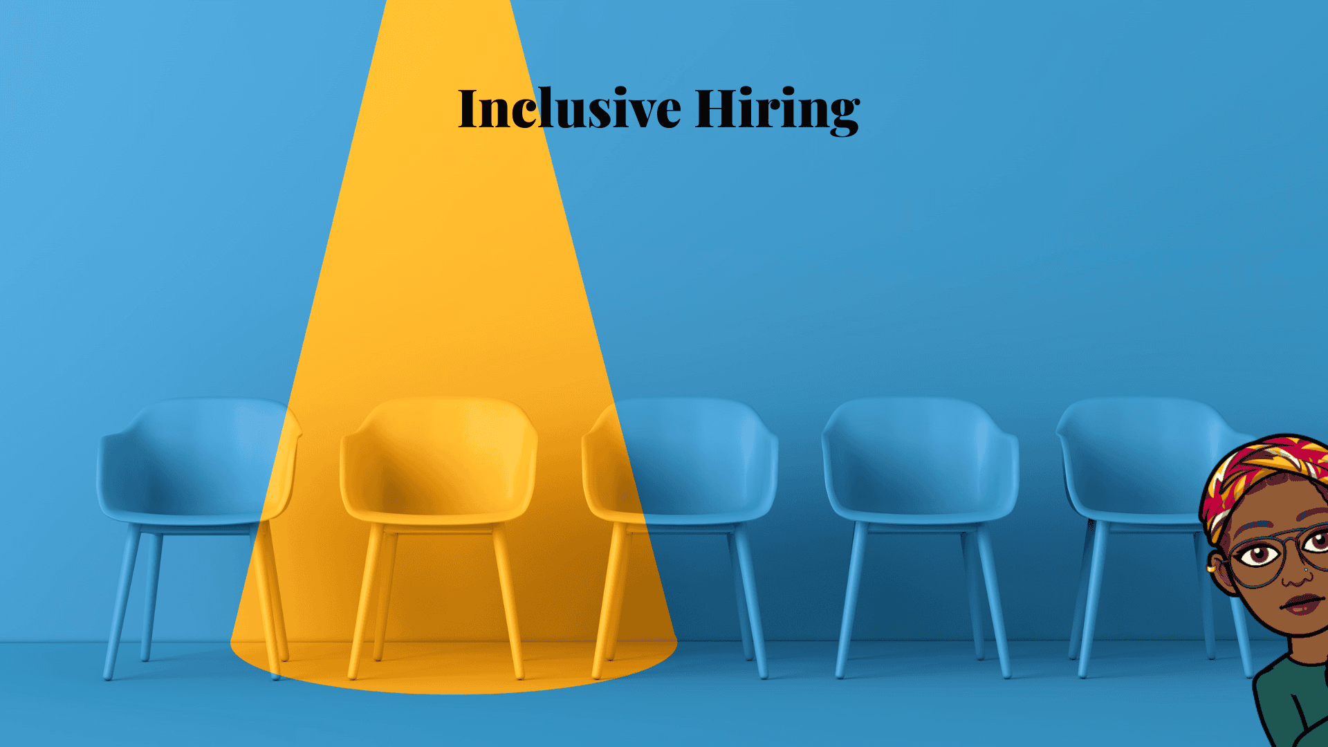 A cartoon woman sits in front of a blue wall with chairs and a yellow light.